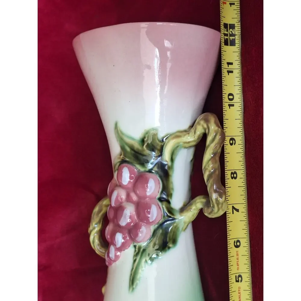 Hull Tokay Pink Green Vase #12 3D Grape Cluster Vine Handle 12